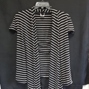 Open black and white striped short sleeve cardigan